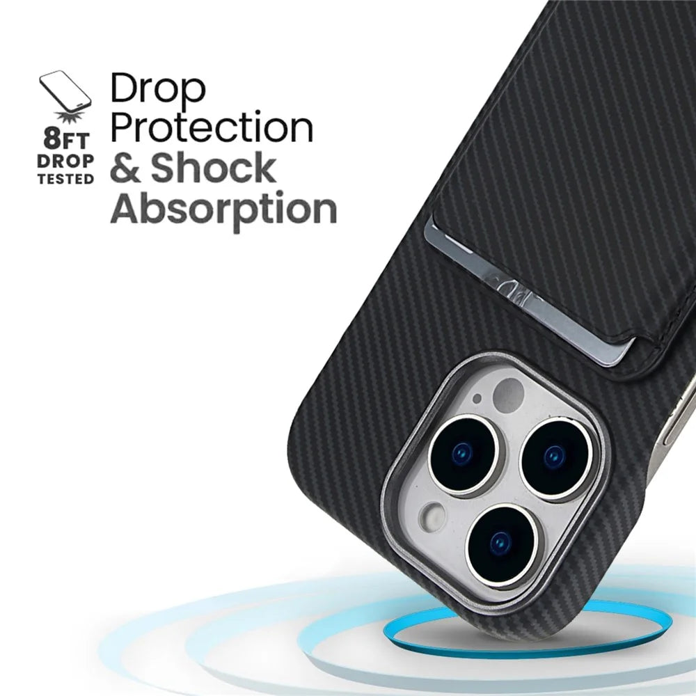 For iPhone 16 Pro Magnetic Case with Detachable Card Holder Carbon Fiber Texture Leather + PC Phone Cover - Black - 5