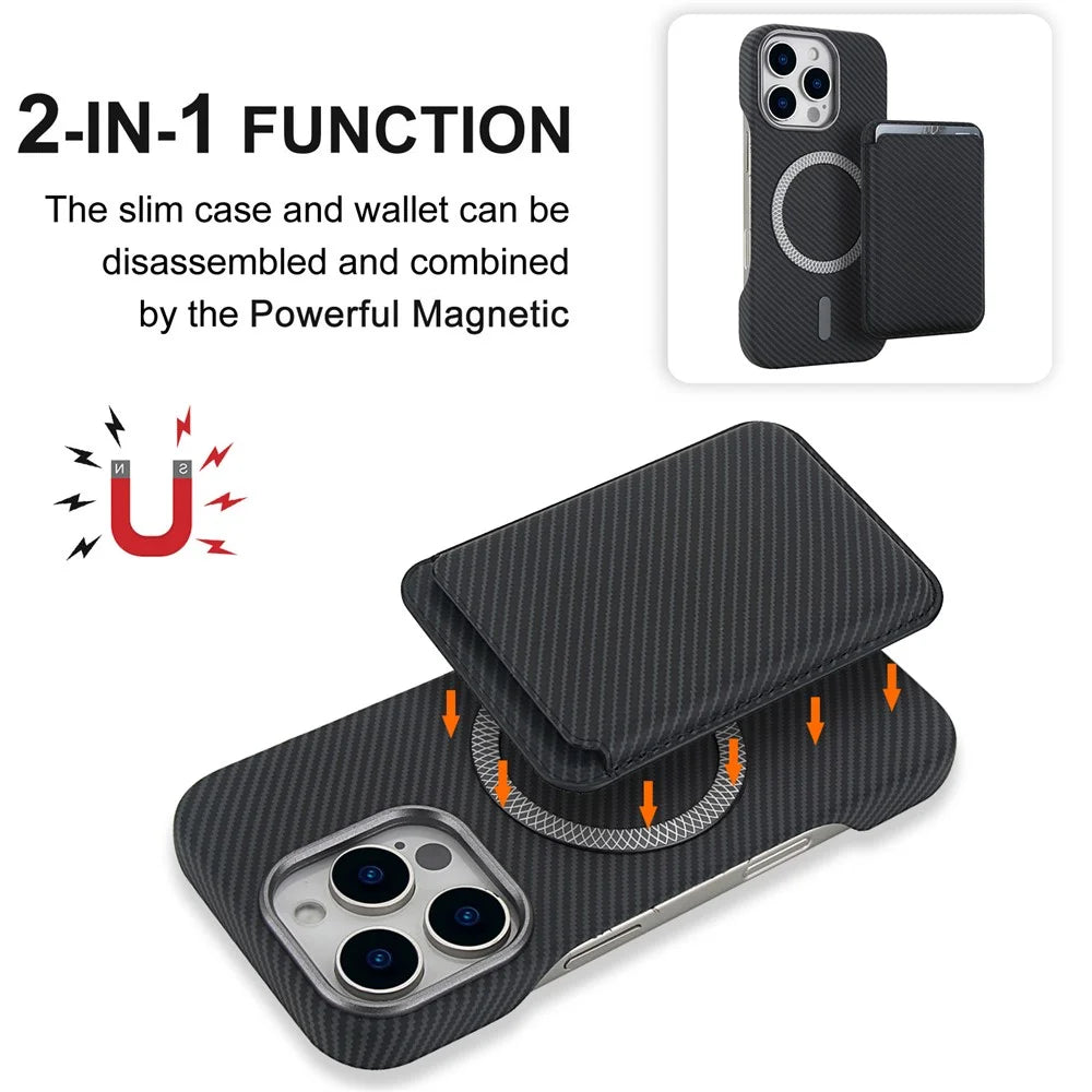 For iPhone 16 Pro Magnetic Case with Detachable Card Holder Carbon Fiber Texture Leather + PC Phone Cover - Black - 7