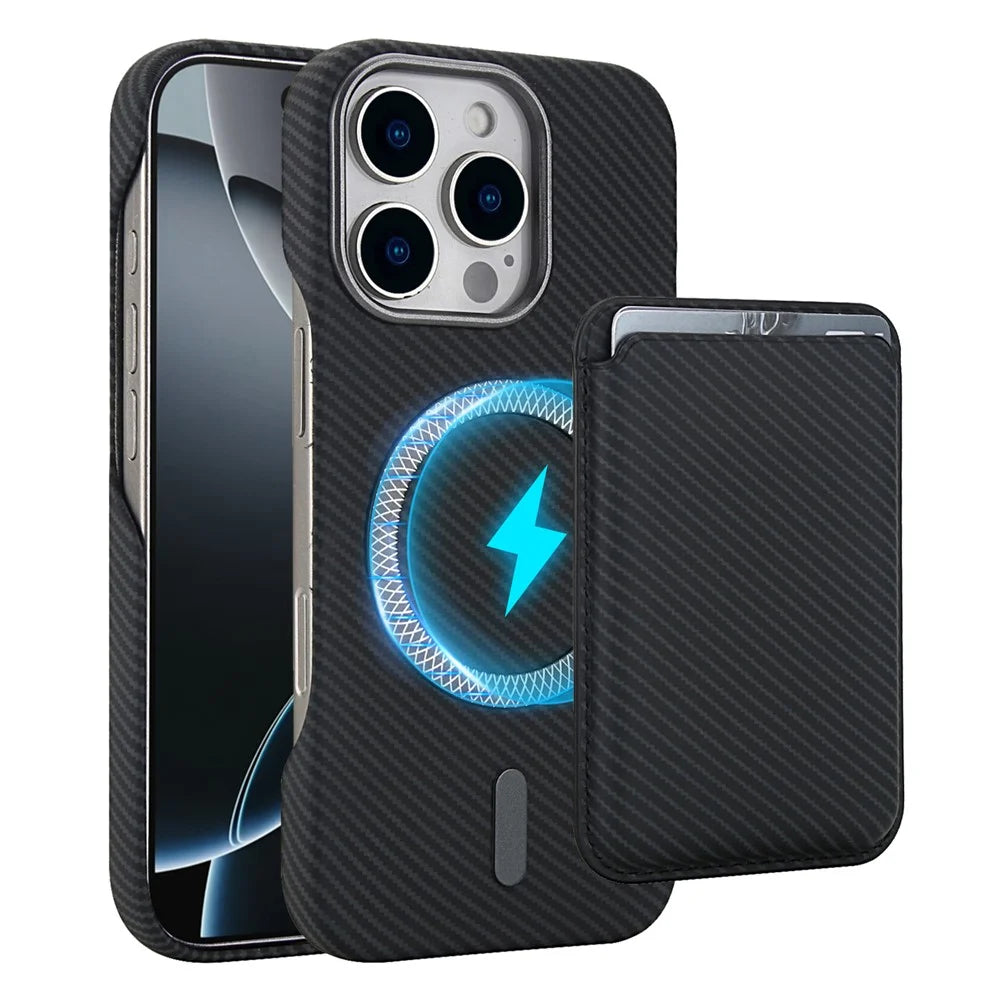 For iPhone 16 Pro Max Magnetic Case with Detachable Card Holder Carbon Fiber Texture Leather + PC Phone Cover - Black - 1