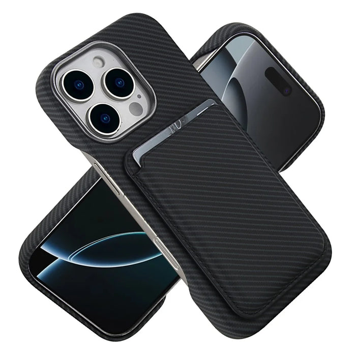 For iPhone 16 Pro Max Magnetic Case with Detachable Card Holder Carbon Fiber Texture Leather + PC Phone Cover - Black - 2