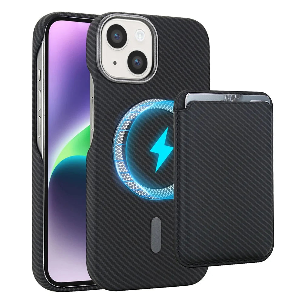 For iPhone 15 Magnetic Case with Detachable Card Holder Carbon Fiber Texture Leather + PC Phone Cover - Black - 1