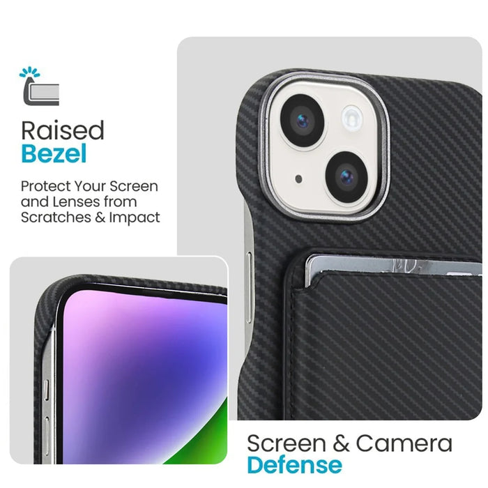 For iPhone 15 Magnetic Case with Detachable Card Holder Carbon Fiber Texture Leather + PC Phone Cover - Black - 3