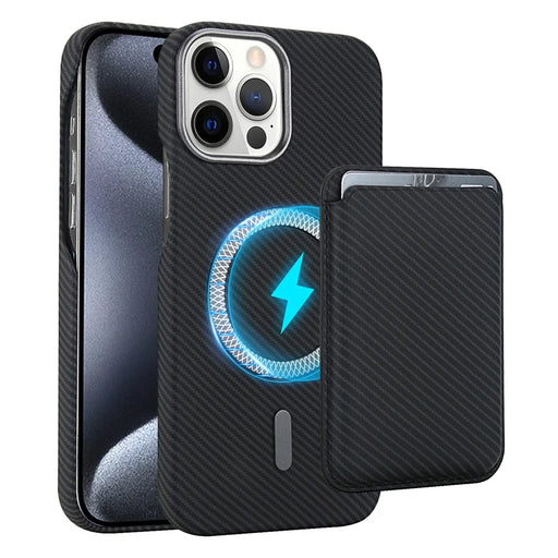 For iPhone 15 Pro Magnetic Case with Detachable Card Holder Carbon Fiber Texture Leather + PC Phone Cover - Black - 1