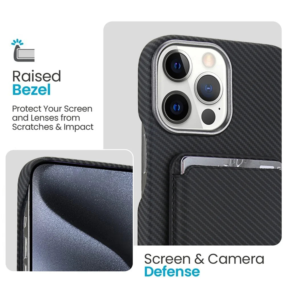 For iPhone 15 Pro Magnetic Case with Detachable Card Holder Carbon Fiber Texture Leather + PC Phone Cover - Black - 3