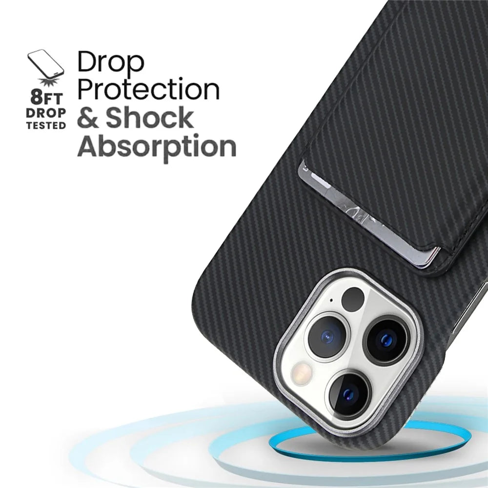 For iPhone 15 Pro Magnetic Case with Detachable Card Holder Carbon Fiber Texture Leather + PC Phone Cover - Black - 4