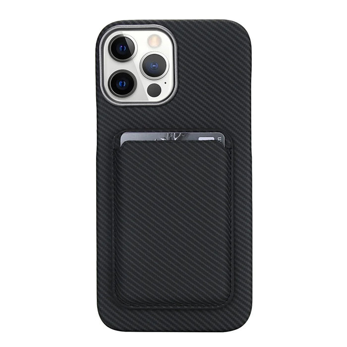 For iPhone 15 Pro Max Magnetic Case with Detachable Card Holder Carbon Fiber Texture Leather + PC Phone Cover - Black - 2