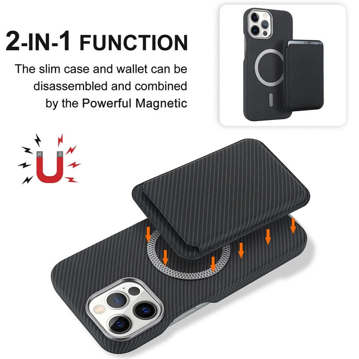 For iPhone 14 Pro Max Magnetic Case with Detachable Card Holder Carbon Fiber Texture Leather + PC Phone Cover - Black - 6