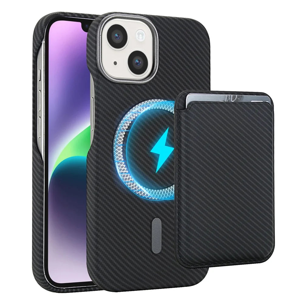 For iPhone 14  /  13 Magnetic Case with Detachable Card Holder Carbon Fiber Texture Leather + PC Phone Cover - Black - 1