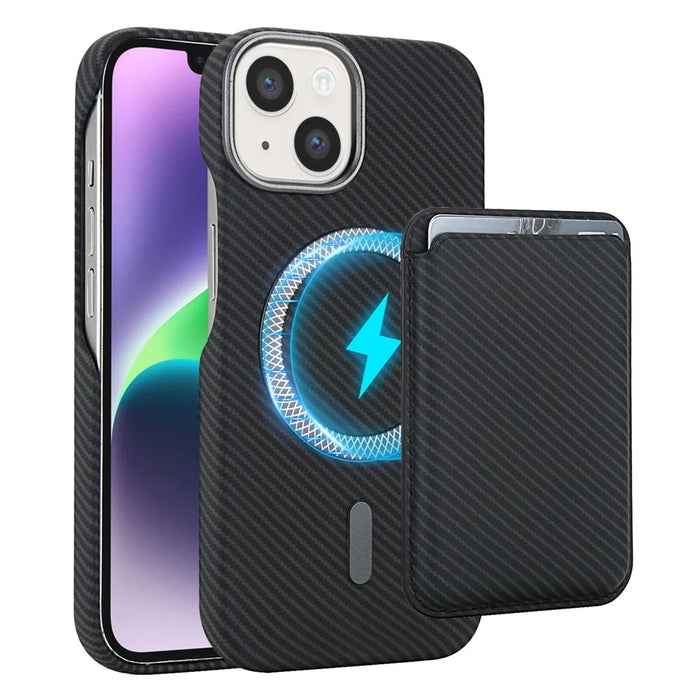 For iPhone 14  /  13 Magnetic Case with Detachable Card Holder Carbon Fiber Texture Leather + PC Phone Cover - Black - 1