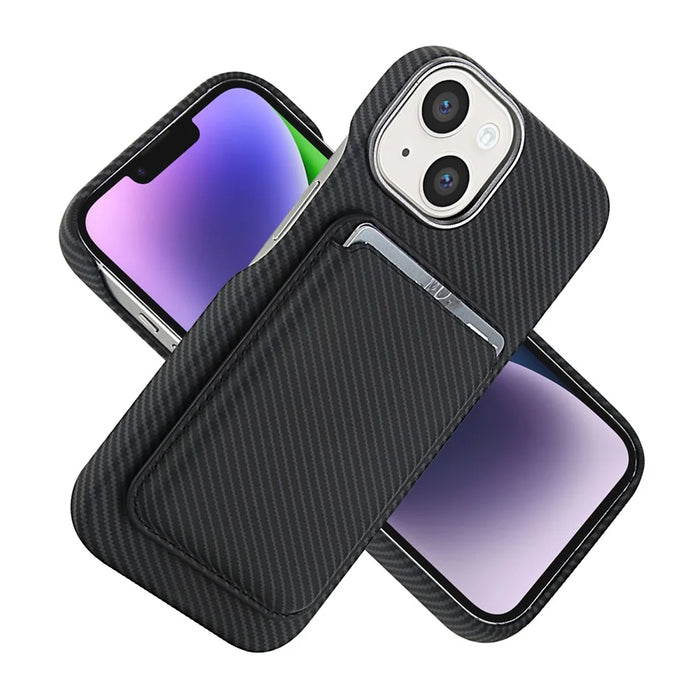 For iPhone 14  /  13 Magnetic Case with Detachable Card Holder Carbon Fiber Texture Leather + PC Phone Cover - Black - 2