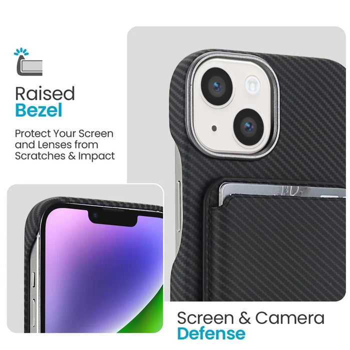 For iPhone 14  /  13 Magnetic Case with Detachable Card Holder Carbon Fiber Texture Leather + PC Phone Cover - Black - 4