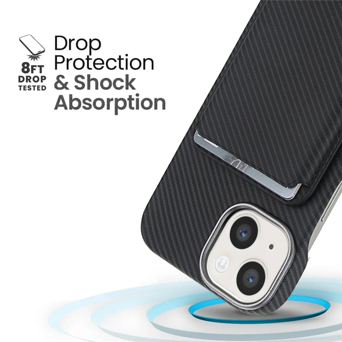 For iPhone 14  /  13 Magnetic Case with Detachable Card Holder Carbon Fiber Texture Leather + PC Phone Cover - Black - 5