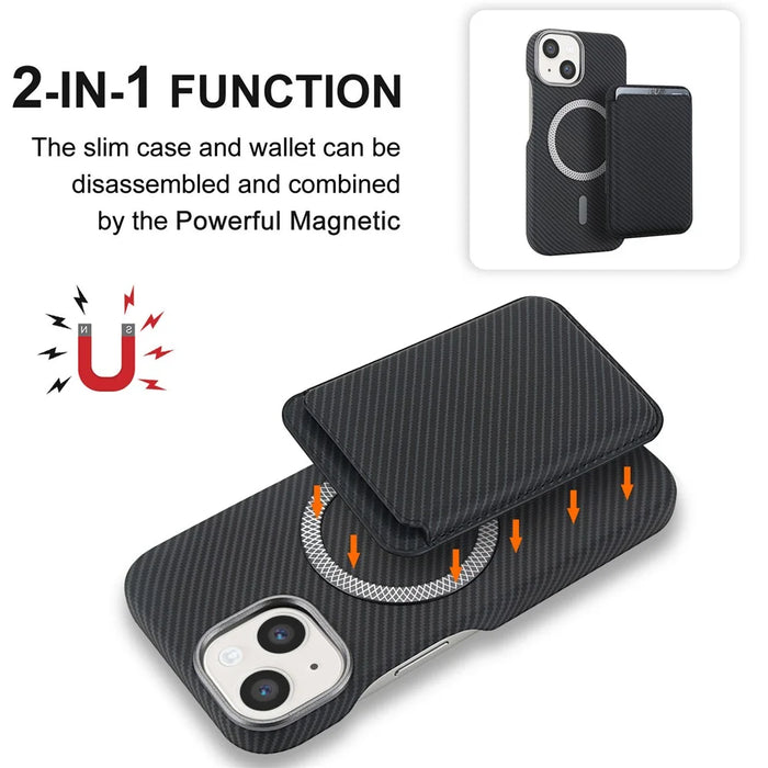 For iPhone 14  /  13 Magnetic Case with Detachable Card Holder Carbon Fiber Texture Leather + PC Phone Cover - Black - 7
