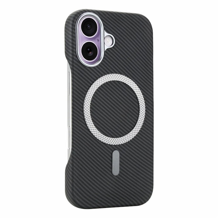 For iPhone 16 Magnetic Case Carbon Fiber Texture Leather + PC Phone Cover - Black - 1
