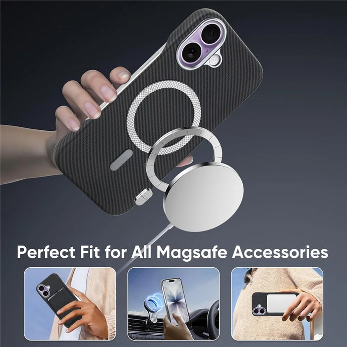 For iPhone 16 Magnetic Case Carbon Fiber Texture Leather + PC Phone Cover - Black - 5
