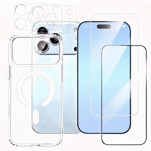 For iPhone 18 Pro  /  17 Pro Magnetic Case PC + TPU Clear Phone Cover + 2Pcs Camera Protector + 1Pc HD Clear Screen Film + 1Pc Silk Print Screen Film - Transparent - 1