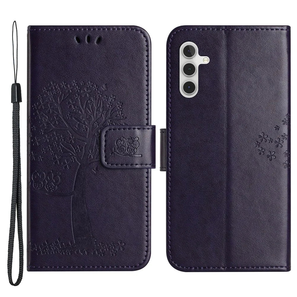 For Samsung Galaxy A54 5G Imprinted Owl Tree Pattern Magnetic Clasp Cover PU Leather Wallet Stand Phone Case - Dark Purple - 1