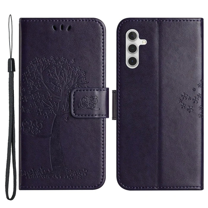For Samsung Galaxy A54 5G Imprinted Owl Tree Pattern Magnetic Clasp Cover PU Leather Wallet Stand Phone Case - Dark Purple - 1