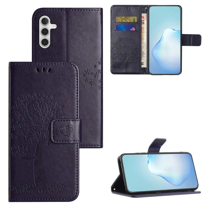For Samsung Galaxy A54 5G Imprinted Owl Tree Pattern Magnetic Clasp Cover PU Leather Wallet Stand Phone Case - Dark Purple - 4