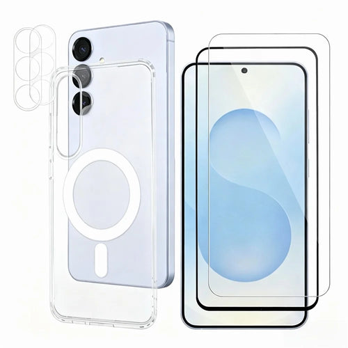 For Samsung Galaxy S25 Magnetic Case PC + TPU Clear Phone Cover + 2Pcs Camera Protector + 1Pc HD Clear Screen Film + 1Pc Silk Print Screen Film - Transparent - 1