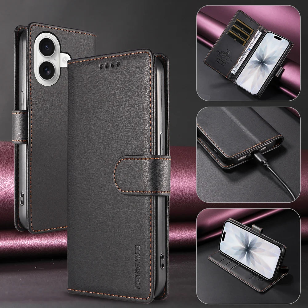 BETOPNICE for iPhone 18 / iPhone 17 006 Case RFID Blocking Wallet Stand Leather Phone Cover with Wrist Strap - Black - 2