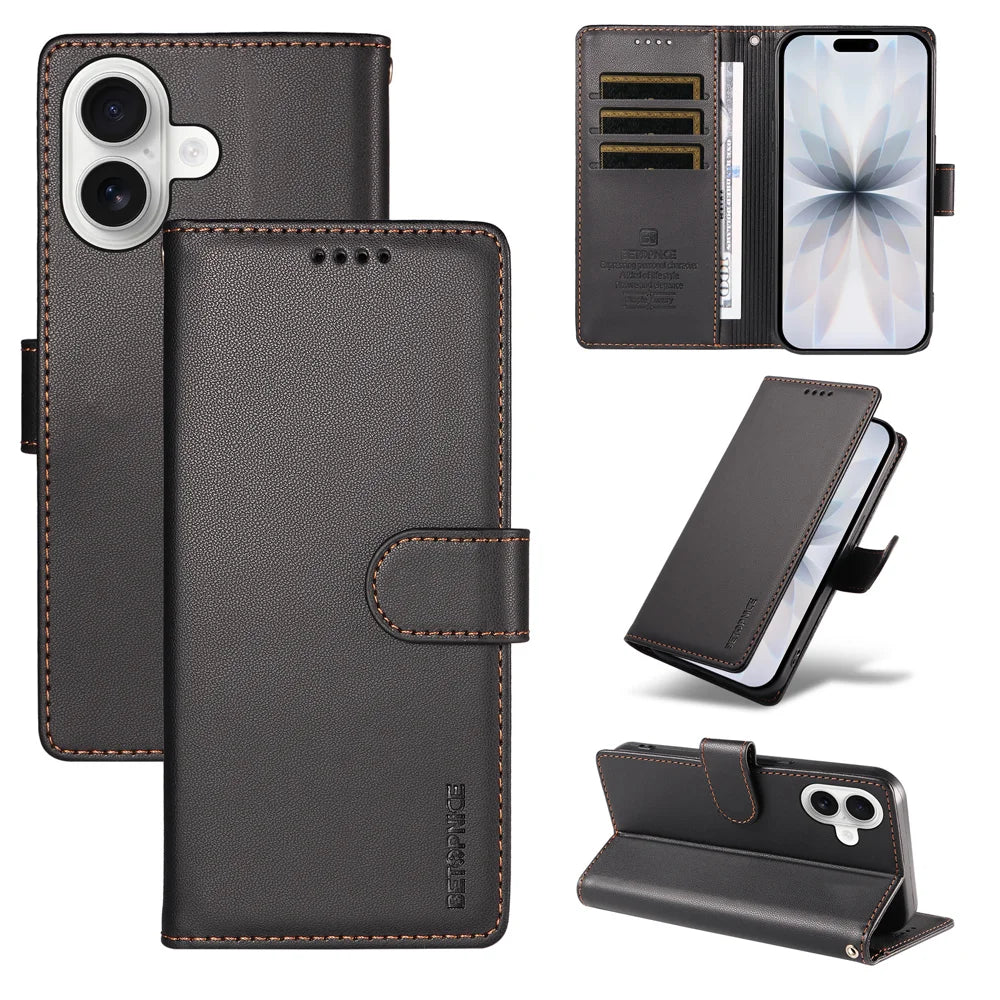 BETOPNICE for iPhone 18 / iPhone 17 006 Case RFID Blocking Wallet Stand Leather Phone Cover with Wrist Strap - Black - 3