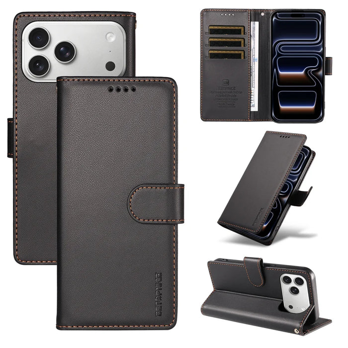 BETOPNICE for iPhone 18 Pro Max / iPhone 17 Pro Max 006 Case RFID Blocking Wallet Stand Leather Phone Cover with Wrist Strap - Black - 3