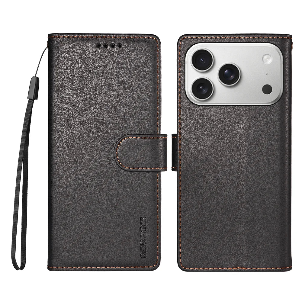 BETOPNICE for iPhone 18 Pro / iPhone 17 Pro 006 Case RFID Blocking Wallet Stand Leather Phone Cover with Wrist Strap - Black - 1