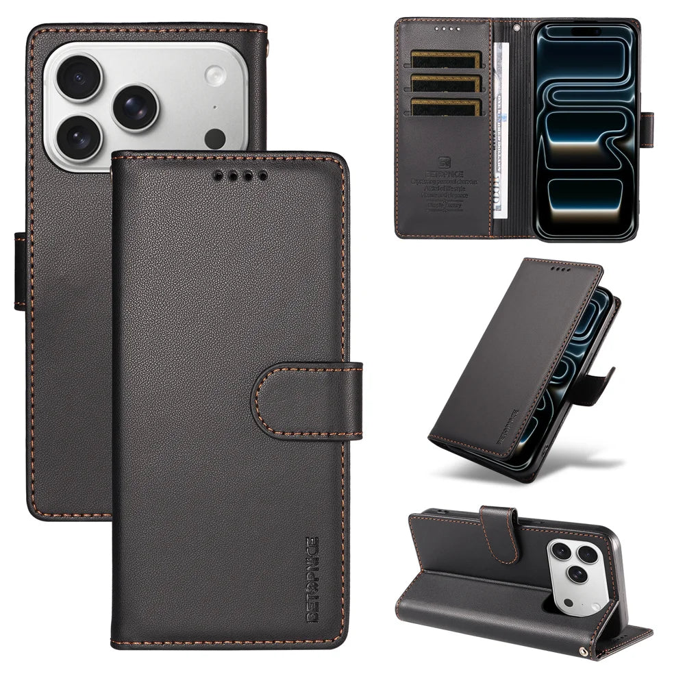 BETOPNICE for iPhone 18 Pro / iPhone 17 Pro 006 Case RFID Blocking Wallet Stand Leather Phone Cover with Wrist Strap - Black - 3