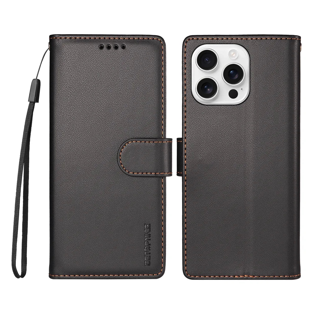 BETOPNICE for iPhone 16 Pro 006 Case RFID Blocking Wallet Stand Leather Phone Cover with Wrist Strap - Black - 1