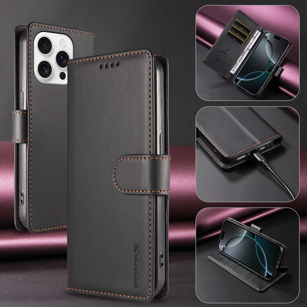 BETOPNICE for iPhone 16 Pro 006 Case RFID Blocking Wallet Stand Leather Phone Cover with Wrist Strap - Black - 2