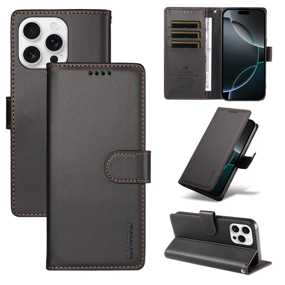 BETOPNICE for iPhone 16 Pro 006 Case RFID Blocking Wallet Stand Leather Phone Cover with Wrist Strap - Black - 3