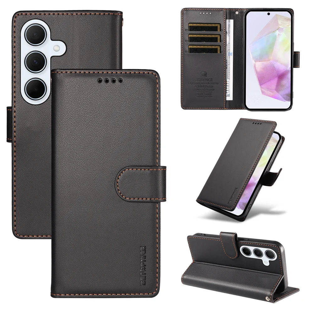 BETOPNICE for Samsung Galaxy A35 5G 006 Case RFID Blocking Wallet Stand Leather Phone Cover with Wrist Strap - Black - 3