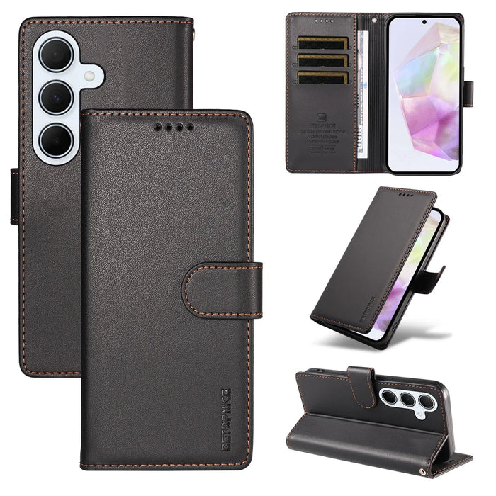 BETOPNICE for Samsung Galaxy A35 5G 006 Case RFID Blocking Wallet Stand Leather Phone Cover with Wrist Strap - Black - 3