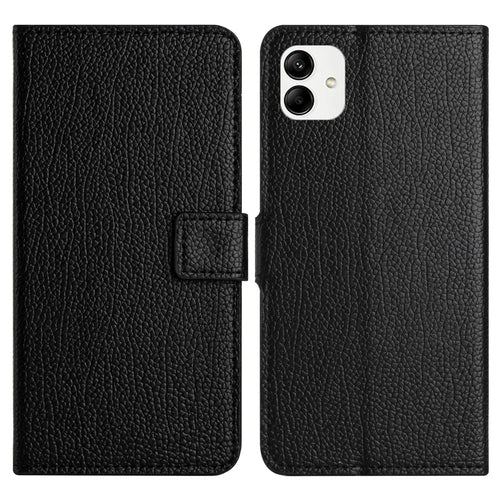 For Samsung Galaxy A04e 4G / F04 4G / M04 4G Supporting Stand Litchi Texture PU Leather Case Magnetic Square Clasp Wallet Cell Phone Cover - Black - 1
