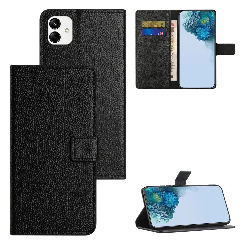 For Samsung Galaxy A04e 4G / F04 4G / M04 4G Supporting Stand Litchi Texture PU Leather Case Magnetic Square Clasp Wallet Cell Phone Cover - Black - 4