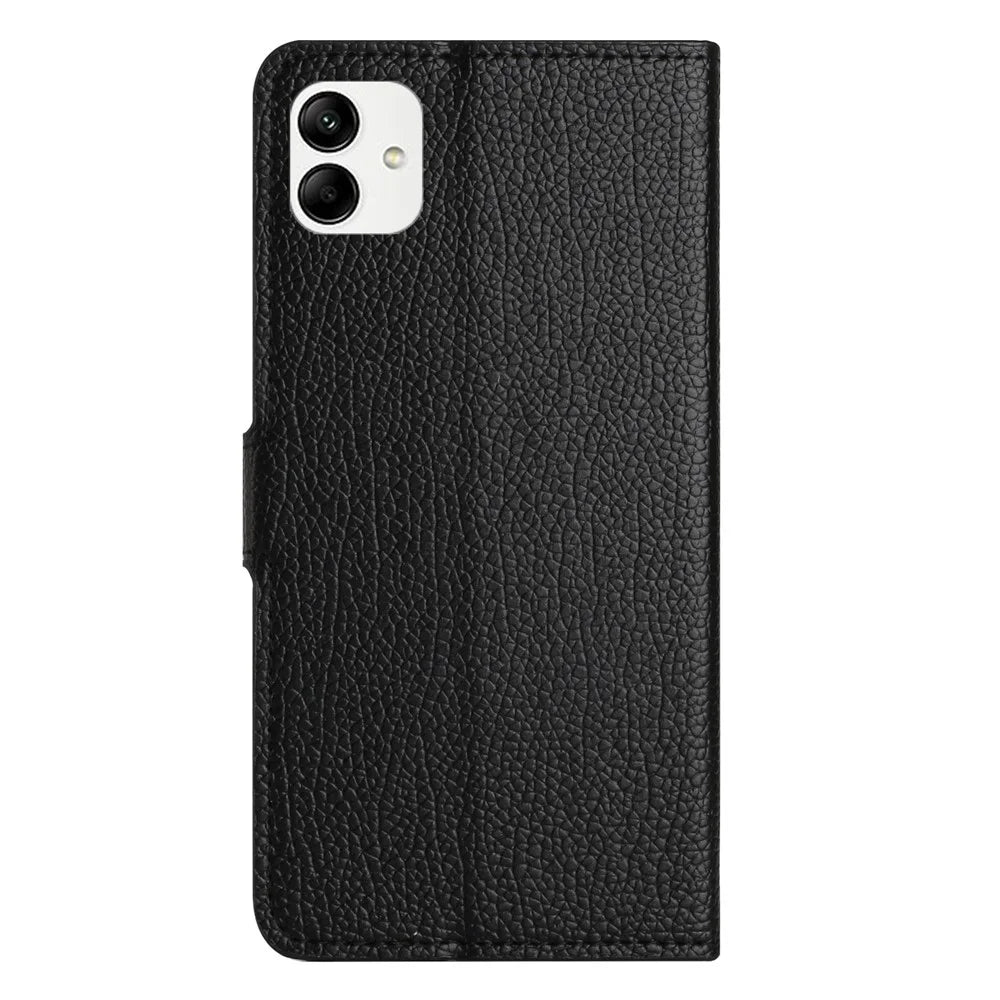 For Samsung Galaxy A04e 4G / F04 4G / M04 4G Supporting Stand Litchi Texture PU Leather Case Magnetic Square Clasp Wallet Cell Phone Cover - Black - 6