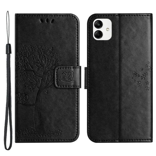 For Samsung Galaxy A04e 4G / F04 4G / M04 4G Imprinted Owl Tree Pattern Anti-scratch PU Leather Wallet Viewing Stand Anti-fingerprint Protective Case - Black - 1