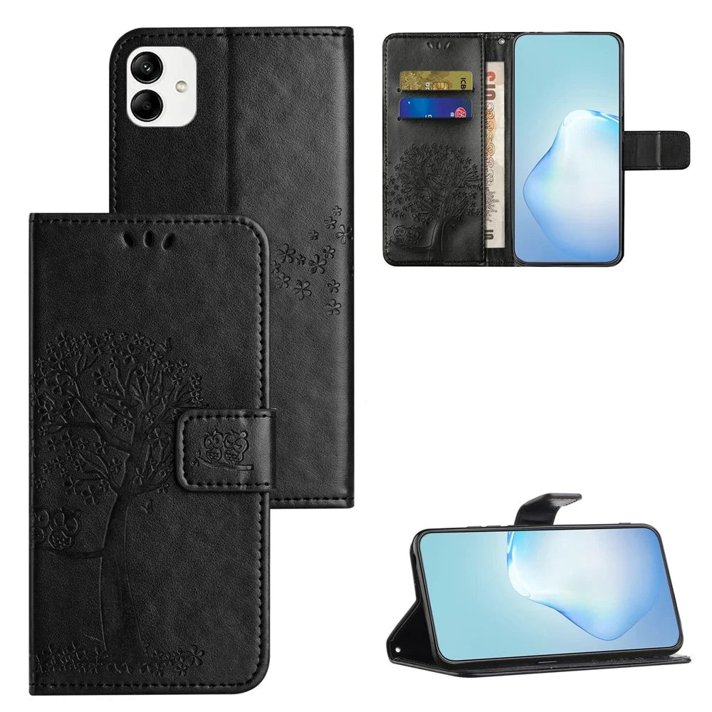 For Samsung Galaxy A04e 4G / F04 4G / M04 4G Imprinted Owl Tree Pattern Anti-scratch PU Leather Wallet Viewing Stand Anti-fingerprint Protective Case - Black - 4