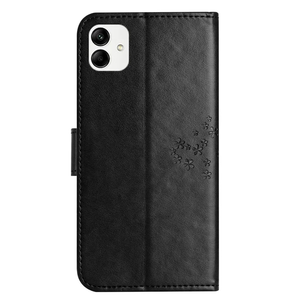 For Samsung Galaxy A04e 4G / F04 4G / M04 4G Imprinted Owl Tree Pattern Anti-scratch PU Leather Wallet Viewing Stand Anti-fingerprint Protective Case - Black - 6