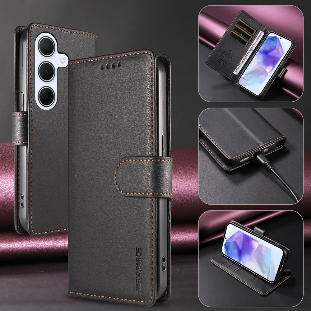 BETOPNICE for Samsung Galaxy A55 5G 006 Case RFID Blocking Wallet Stand Leather Phone Cover with Wrist Strap - Black - 2