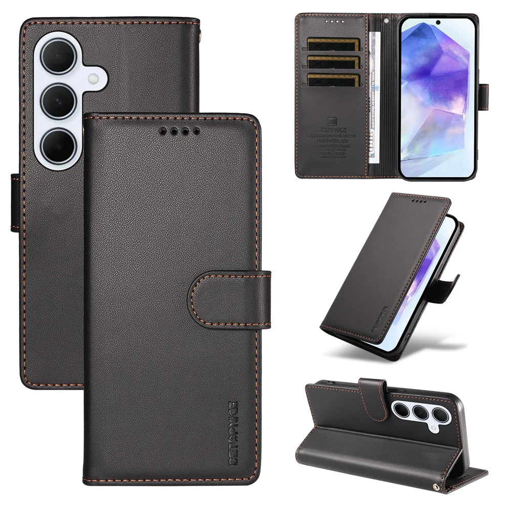 BETOPNICE for Samsung Galaxy A55 5G 006 Case RFID Blocking Wallet Stand Leather Phone Cover with Wrist Strap - Black - 3
