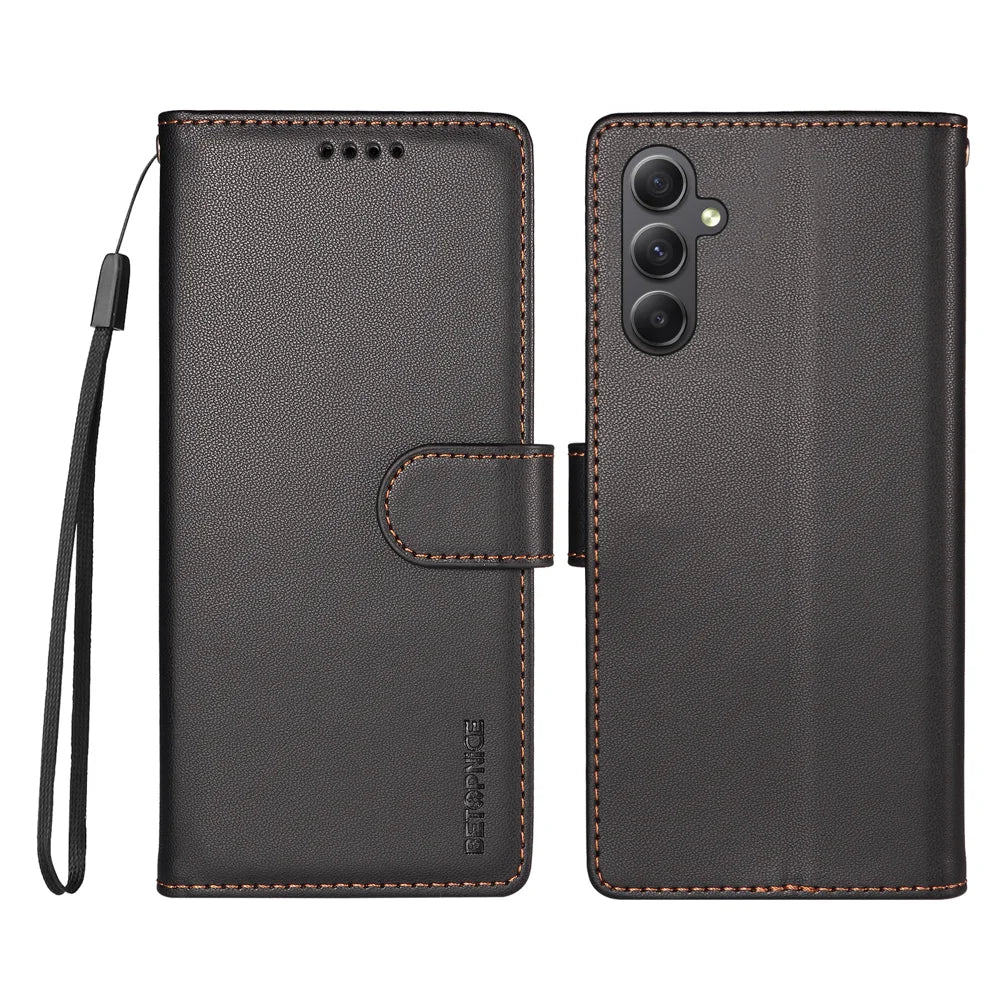 BETOPNICE for Samsung Galaxy A34 5G 006 Case RFID Blocking Wallet Stand Leather Phone Cover with Wrist Strap - Black - 1