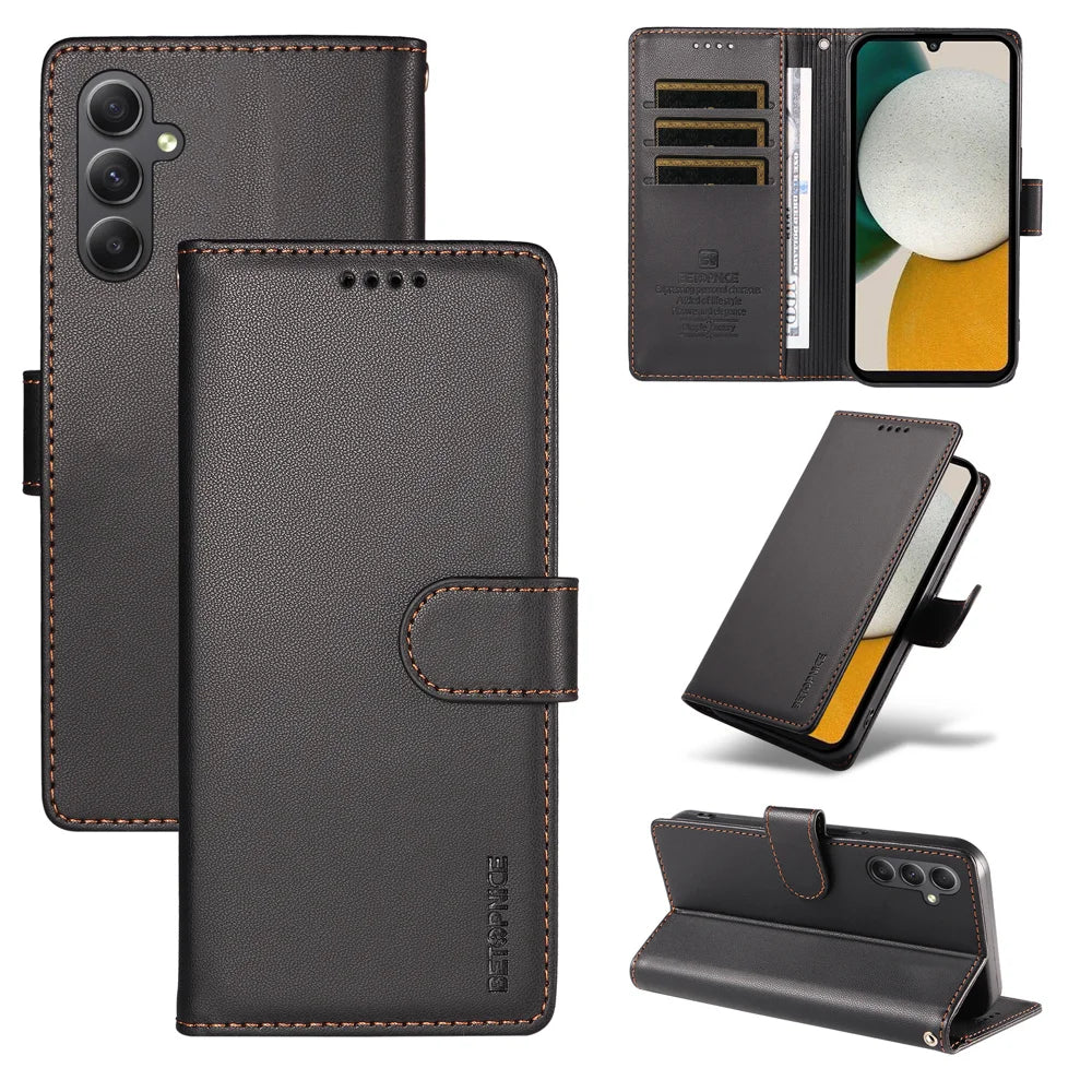 BETOPNICE for Samsung Galaxy A34 5G 006 Case RFID Blocking Wallet Stand Leather Phone Cover with Wrist Strap - Black - 3