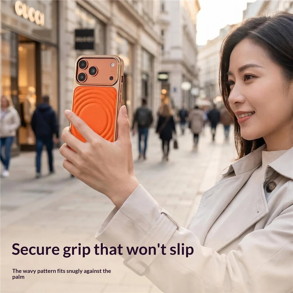 For iPhone 17 Pro Max Magnetic Case 3D Ripple Texture Leather Coated PC + TPU Electroplated Phone Cover - Orange - 4