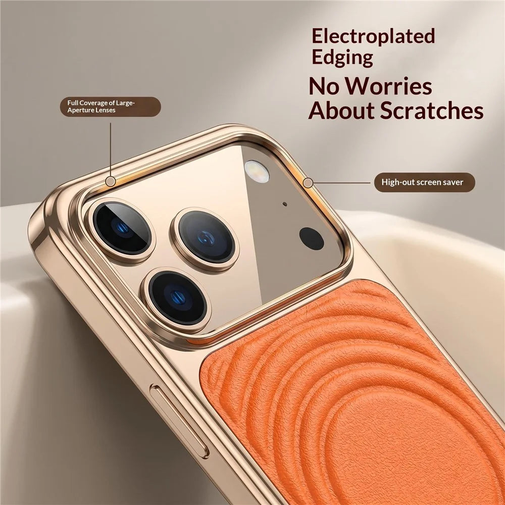 For iPhone 17 Pro Max Magnetic Case 3D Ripple Texture Leather Coated PC + TPU Electroplated Phone Cover - Orange - 7