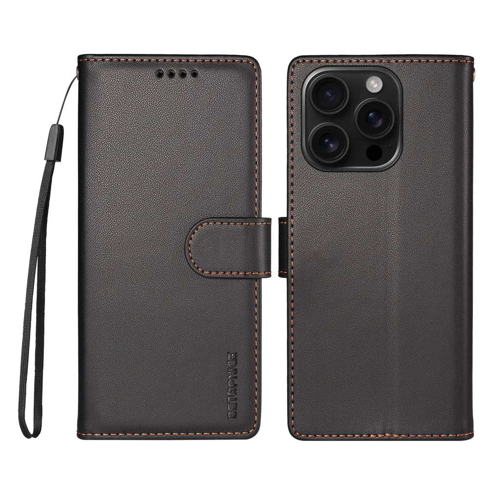 BETOPNICE for iPhone 16 Pro Max 006 Case RFID Blocking Wallet Stand Leather Phone Cover with Wrist Strap - Black - 1