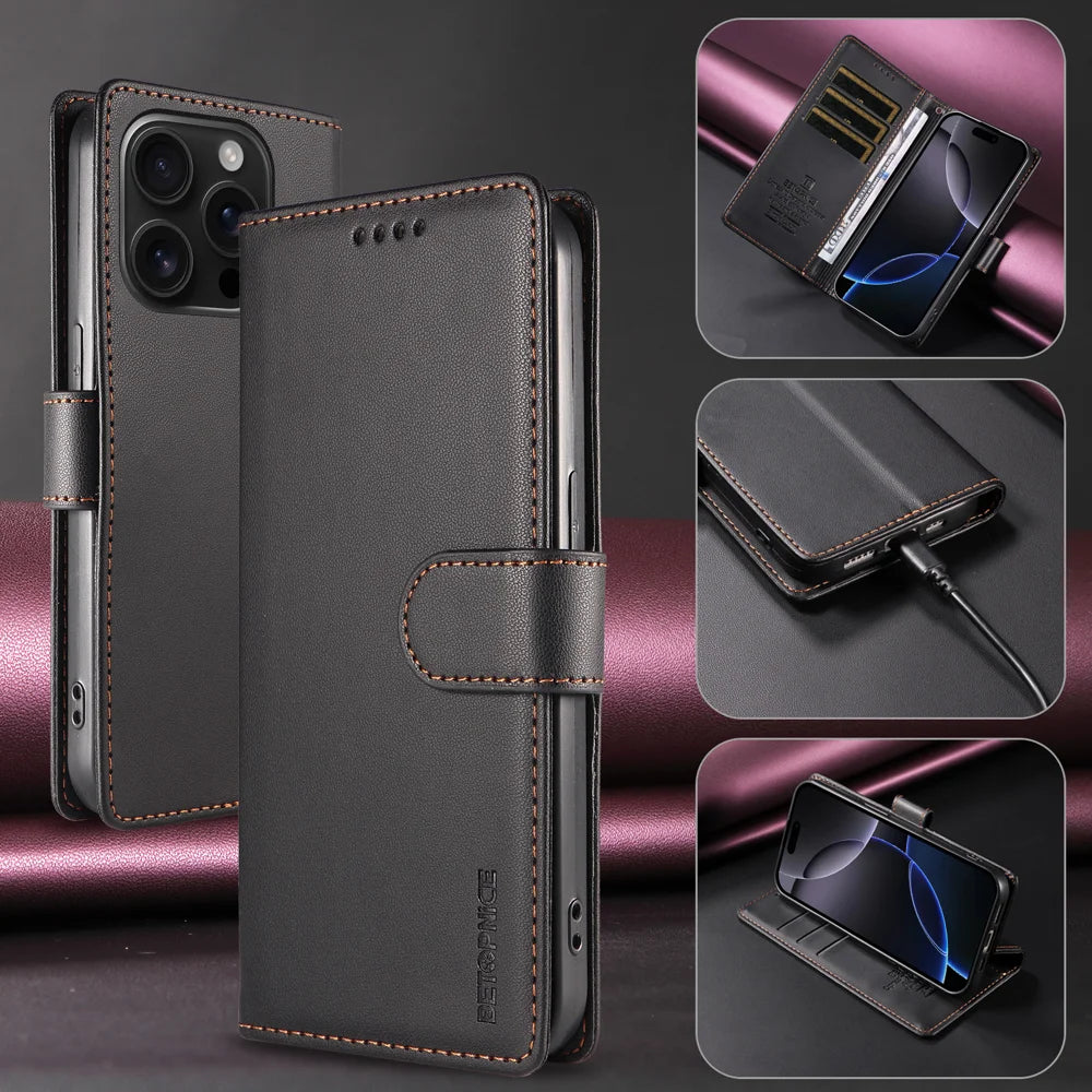 BETOPNICE for iPhone 16 Pro Max 006 Case RFID Blocking Wallet Stand Leather Phone Cover with Wrist Strap - Black - 2