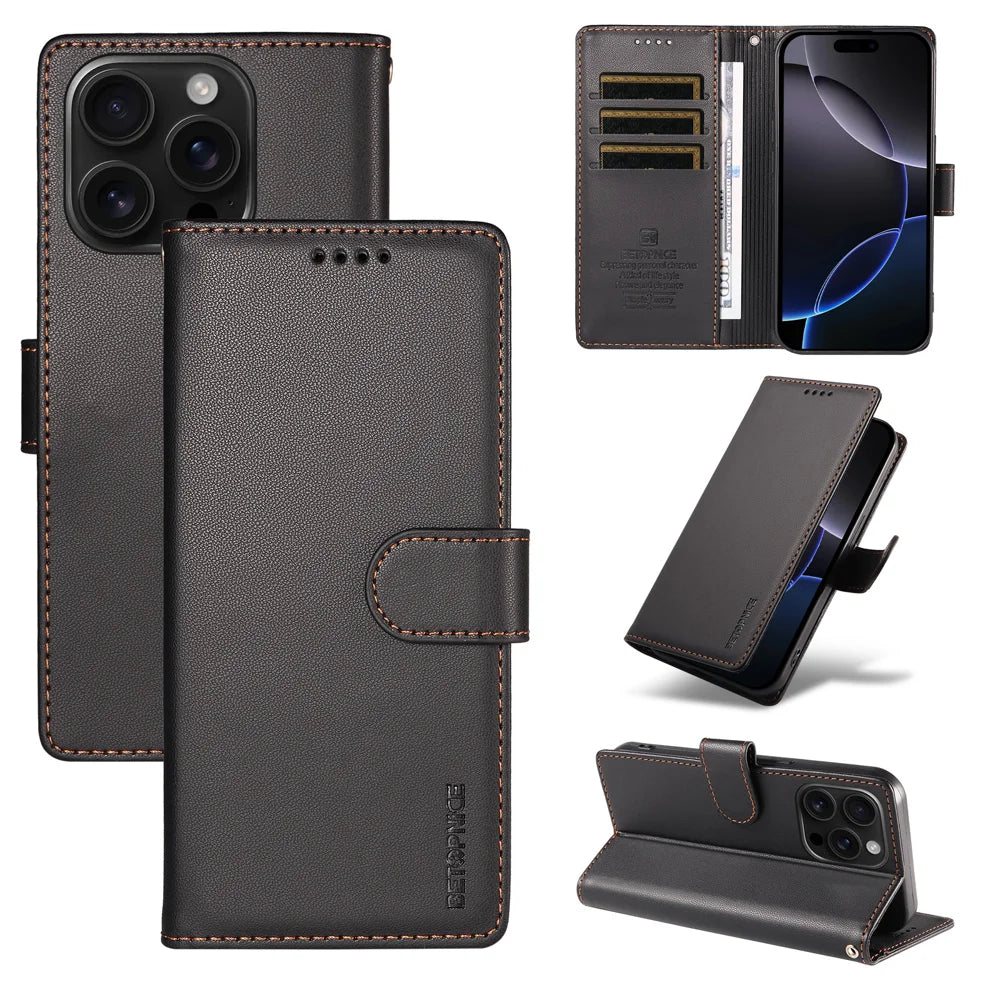 BETOPNICE for iPhone 16 Pro Max 006 Case RFID Blocking Wallet Stand Leather Phone Cover with Wrist Strap - Black - 3