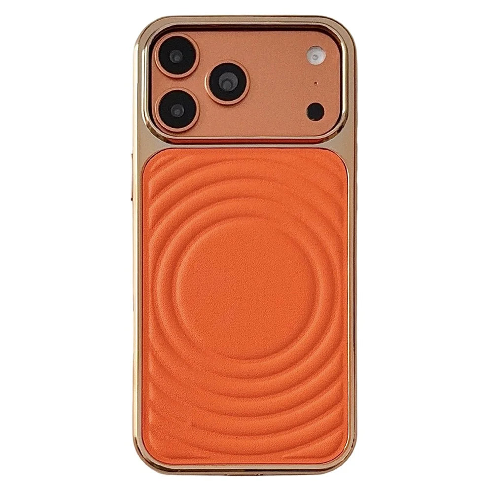 For iPhone 17 Pro Magnetic Case 3D Ripple Texture Leather Coated PC + TPU Electroplated Phone Cover - Orange - 1